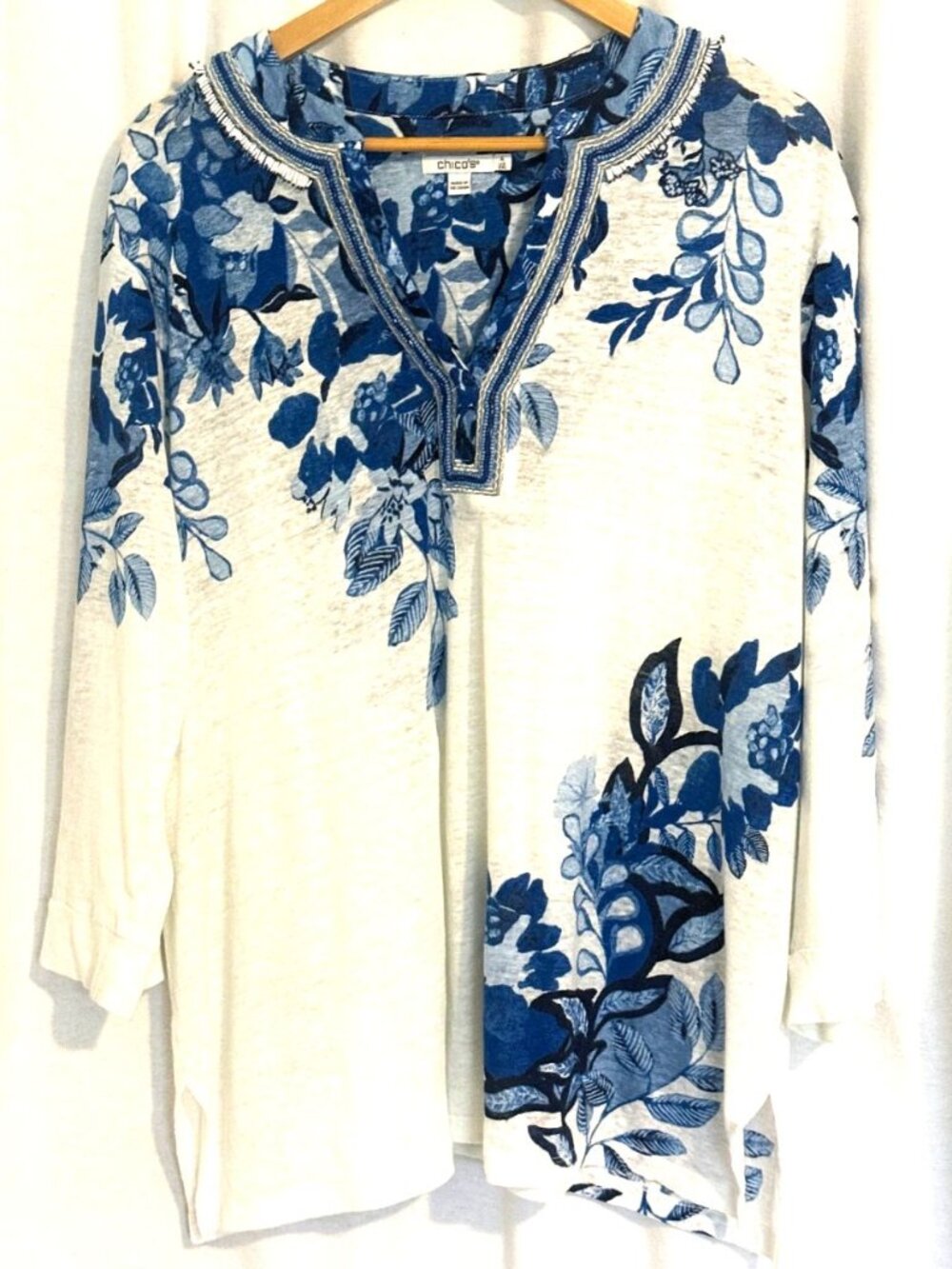 Chicos White/Blue Floral Embroidered Linen Tunic Top, Size XXL